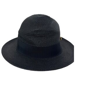 Montique International Mens Black Straw Fedora Hat Gold Logo Pin Size Large H42